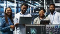 Smiling server hub engineers using AI algorithms and node tree systems Royalty Free Stock Photo
