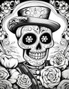 Smiling skeleton with a hat all around, roses and flowers. For the day of the dead and halloween. Black and white picture coloring