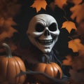 Smiling Skeleton on Pumpkins and Surrounded by Leaves