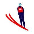 Smiling ski jumper sportsman in the air. Vector illustration in the flat cartoon style Royalty Free Stock Photo