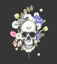 Smiling Skull and Flowers Day of The Dead, Black Fashion illustration. Vector.