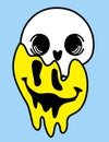 Smiling skull skeleton smiley face. Smiley dripping from the skull, emojis. Retro distorted melting smiley emoji face