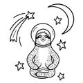 Smiling sloth astronaut in helmet sitting among stars. Hand drawn, doodle style.