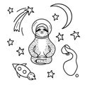 Smiling sloth astronaut in helmet sitting among stars. Hand drawn, doodle style vector illustration.