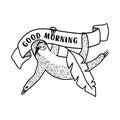 Smiling sloth with ribbon banner and quote - Good morning. Hand drawn, doodle style vector illustration