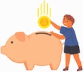 Smiling small boy kid holding piggy bank putting coin money into it. Finance and saving economy