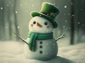 Smiling small snowman in snowy forest. Generative ai