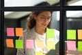 Smiling smart businesswoman using kanban agile scrum method glass board.