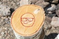 smiling smiley with glasses painted in red. Illustration of smiley emoticon painted on log. Positive thinking concepts