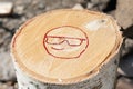 smiling smiley with glasses painted in red. Illustration of smiley emoticon painted on log. Positive thinking concepts