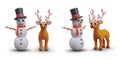 Smiling snowman and antlered deer in different positions. Winter 3D characters in cartoon style