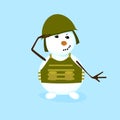Smiling snowman in an army helmet and body armor.