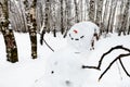 smiling snowman in birch grove in winter