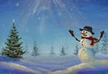 Smiling snowman and charismas tree with decorations in sunny forest Royalty Free Stock Photo