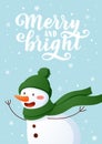 Smiling snowman Christmas character standing on hill background cartoon style illustration with hand drawn lettering. Royalty Free Stock Photo