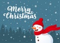 Smiling snowman Christmas character standing on hill background cartoon style illustration with hand drawn lettering. Royalty Free Stock Photo