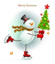 Smiling snowman with Christmas tree Royalty Free Stock Photo