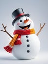 A smiling Snowman with hat and scaft isolated on white background