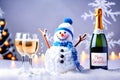 Smiling snowman merry christmas champagne, happy new year
