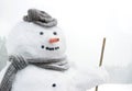 Smiling snowman outdoors in snowfall