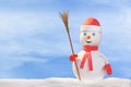 Smiling snowman in red clothes with broom