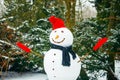 smiling snowman in red hat with gloves Royalty Free Stock Photo