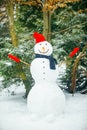 smiling snowman in red hat with gloves Royalty Free Stock Photo