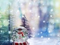 Smiling snowman in a snow globe against the background of Christmas trees, bokeh and snowflakes