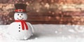 Smiling snowman in a snowed bokeh wooden background, copy space, banner, 3d illustration. Royalty Free Stock Photo