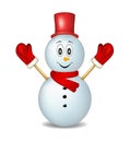 Smiling snowman wearing mittens, hat and scarf