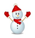 Smiling snowman wearing mittens, hat and scarf