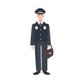 Smiling soldier, military or armed force servant wearing formal uniform, cap and holding briefcase. Male cartoon Royalty Free Stock Photo