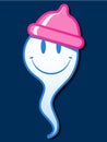 Smiling sperm with condom hat