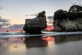 Smiling sphinx rock during sunrise on cathedral cove beach near hahei, coromandel, new zealand