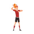 Smiling Sportsman Posing with Winner Cup, Happy Male Athlete in Uniform Celebrating His Victory Vector Illustration