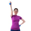 Smiling sporty woman in violet T-short over white isolated background Royalty Free Stock Photo