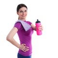 Smiling sporty woman in violet T-short over white isolated background Royalty Free Stock Photo