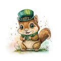 Smiling St. Patrick\'s baby chipmunk in a green leprechaun hat. Watercolor cartoon.