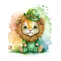 Smiling St. Patrick\'s baby lion in a green leprechaun costume. Watercolor cartoon. Royalty Free Stock Photo