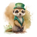 Smiling St. Patrick\'s baby meerkat in a green leprechaun costume. Watercolor cartoon. Royalty Free Stock Photo