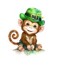 Smiling St. Patrick\'s baby monkey in a green leprechaun hat with a spring flower. Watercolor cartoon.