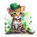 Smiling St. Patrick\'s baby ocelot in a green leprechaun hat. Watercolor cartoon.
