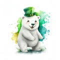 Smiling St. Patrick\'s baby white polar bear in a green leprechaun hat. Watercolor cartoon.
