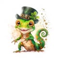 Smiling St. Patrick\'s gecko in a green leprechaun hat. Watercolor cartoon. Royalty Free Stock Photo