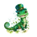 Smiling St. Patrick\'s salamander in a green leprechaun hat. Watercolor cartoon.