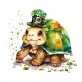 Smiling St. Patrick\'s tortoise in a green leprechaun hat with spring flowers. Watercolor cartoon.