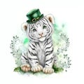 Smiling St. Patrick\'s white tiger kitten in a green leprechaun hat. Watercolor cartoon.