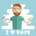 Smiling standing bearded hipster man holding vape or vaporizer and vaping with steam cloud around. Middle aged vaper