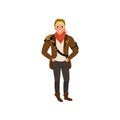 Smiling steampunk guy standing with hands in pockets. Man in shirt, pants, brown jacket, red bandanna on neck and