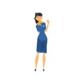 Smiling Stewardess Character Wearing Blue Uniform Vector Illustration